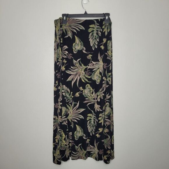 Briggs black green grunge tropical leaf print pull on partial button front skirt - Picture 3 of 6